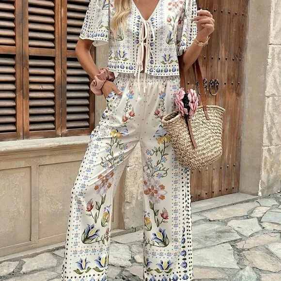 Apricot Boho Women's Casual Vacation Printed Short Sleeve Top & Wide Leg Pants - Picture 6 of 6